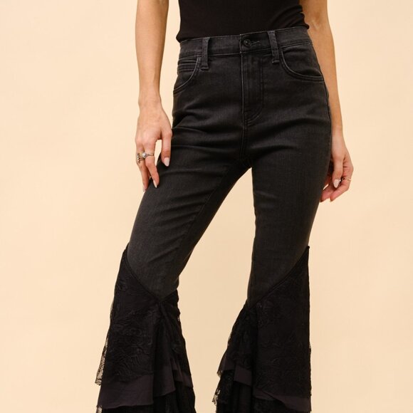 Mid Rise Lace Tiered Flare Denim Jeans - Picture 6 of 6